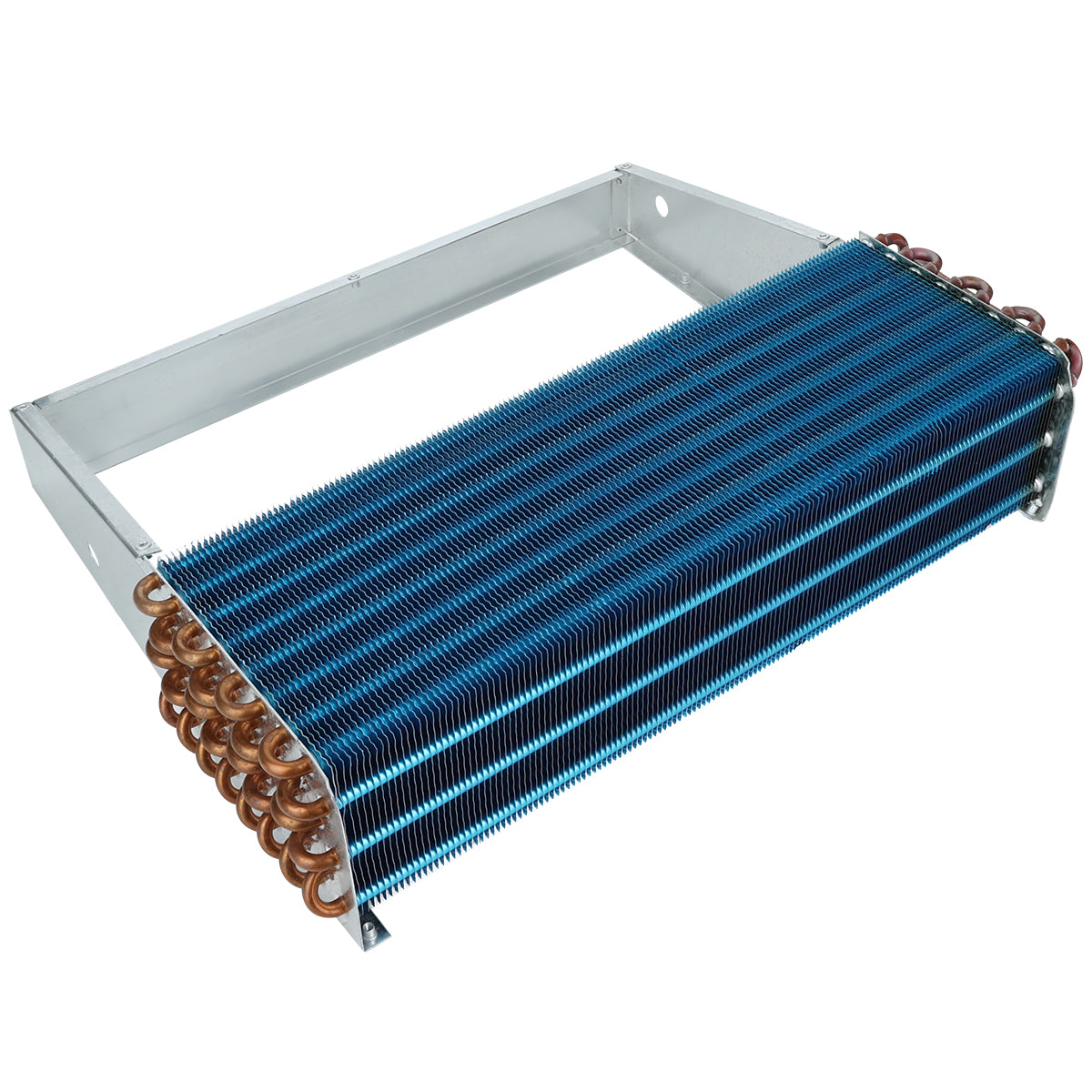 A rectangular metal finned heat exchanger with blue fins and copper tubes, held in a silver frame. This Empura Refrigeration evaporator coil features closely stacked fins and horizontal rows of tubes to efficiently dissipate heat.