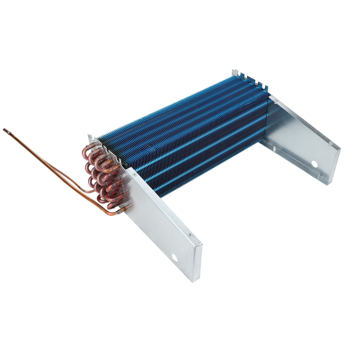 An Empura Refrigeration E-KB25WR Evaporator Coil featuring blue aluminum fins, copper tubing on the left for refrigerant flow, and two silver mounting brackets. The coil is clean and unused, photographed on a white background.
