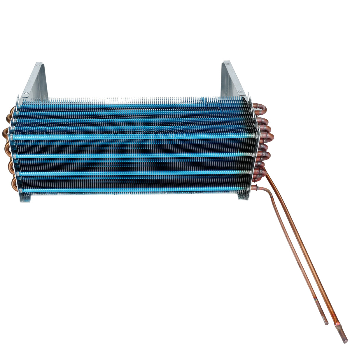 An Empura Refrigeration E-KB25WR evaporator coil with parallel blue fins and copper tubes, shown from a side angle. Two copper pipes extend outward for fluid connection, and the unit is supported by a metal frame on each end.