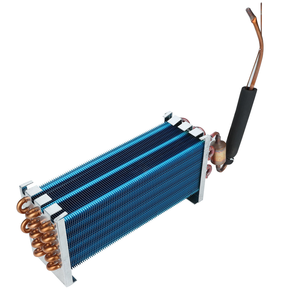 A metallic Empura Refrigeration evaporator coil with blue fins, copper piping loops on one end, and a copper tube insulated with black foam on the other side, isolated on a white background.