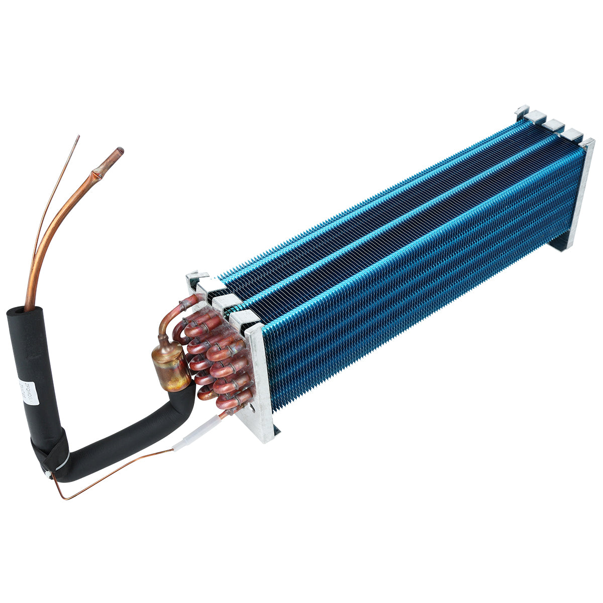 A blue and black metal Empura Parts evaporator coil with tightly spaced fins, copper tubing, and a black insulated pipe attached. The E-KUC48 model features coiled copper at one end and two metal brackets for mounting on the other.