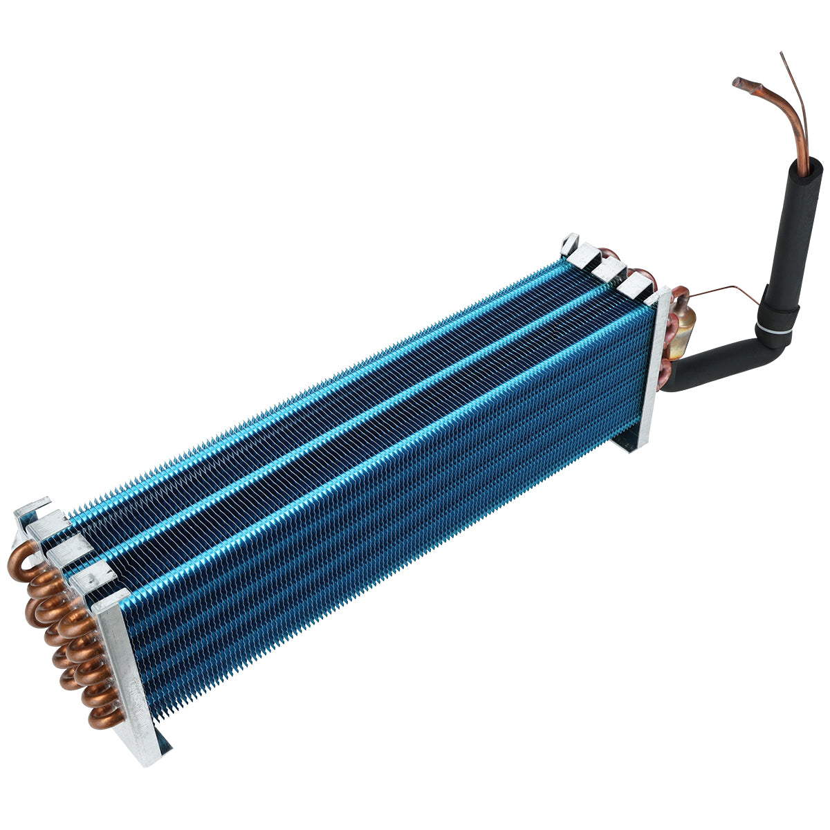 A rectangular, blue metal Empura Parts Evaporator Coil with closely spaced horizontal fins, copper tubing coils at one end, and insulated copper pipes extending from the other, isolated on a white background.