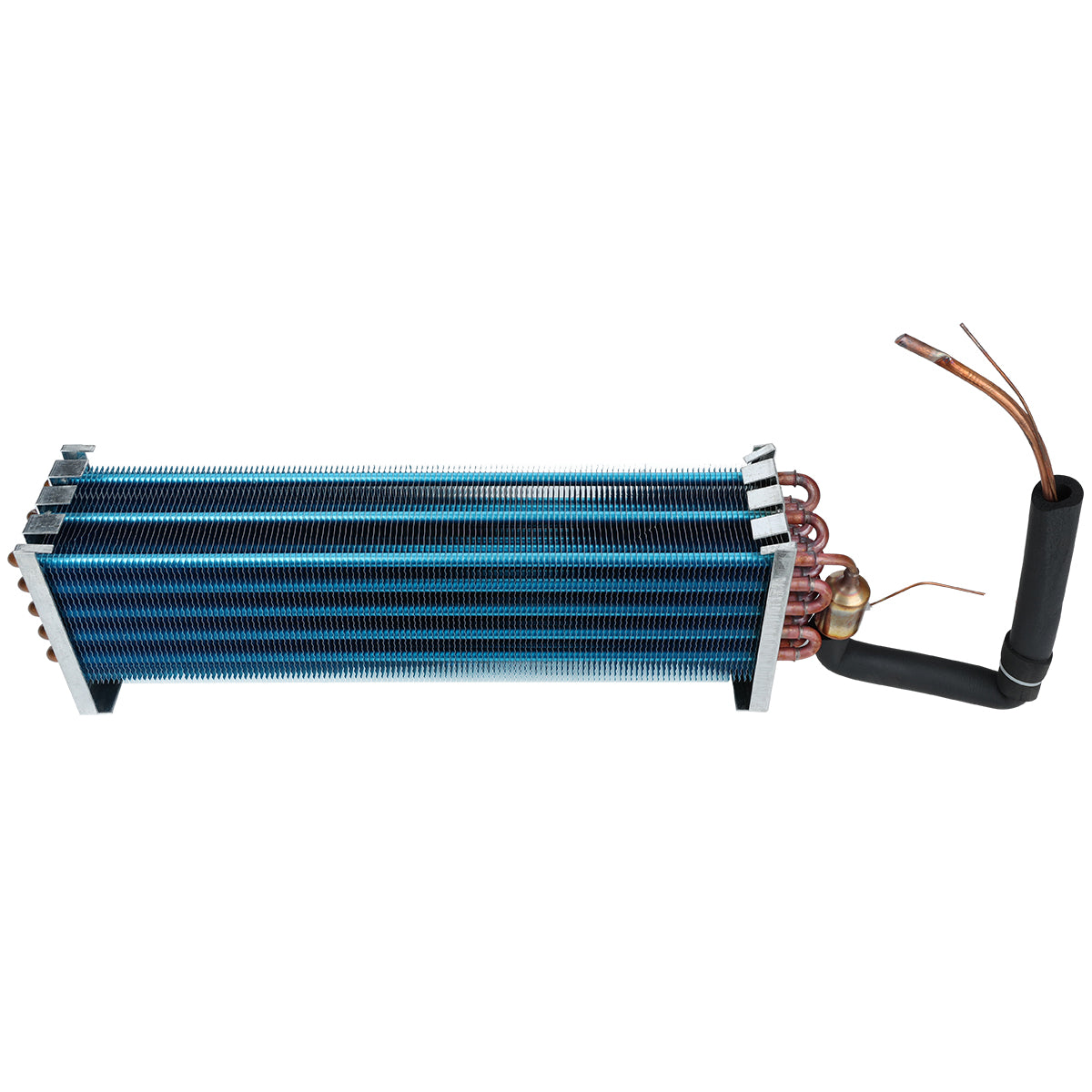 A blue aluminum fin-and-tube evaporator coil with copper tubing, black insulation, and exposed copper wire ends, designed for HVAC systems. This Empura Parts E-KUC48 coil is rectangular with closely spaced horizontal fins and a right-angled copper connection.