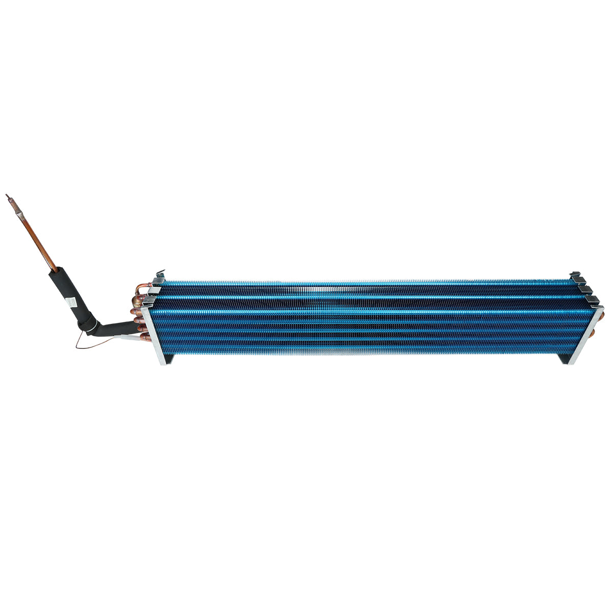 A horizontal blue finned tube evaporator coil with five parallel tubes, copper pipe connections on the left, and black insulation wrapping part of the inlet tube. The Empura Refrigeration unit is supported by white end plates on both sides.