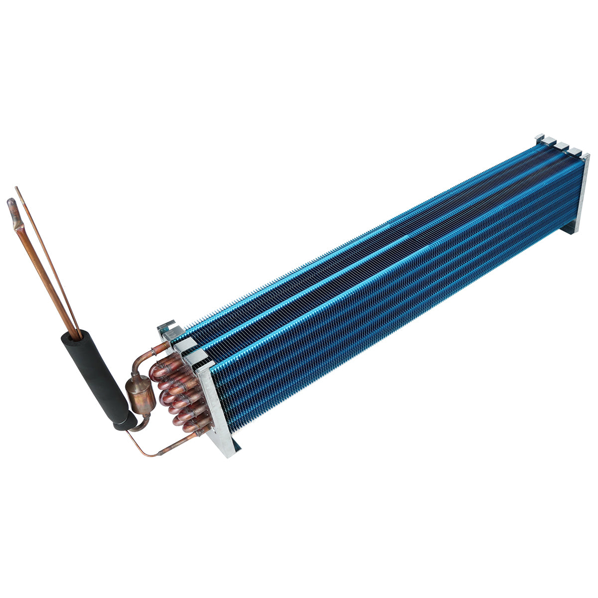 A rectangular Empura Refrigeration evaporator coil with closely spaced blue aluminum fins and copper tubing, including a black insulation section on one pipe. The unit is designed for efficient heat exchange in air conditioning or refrigeration systems.