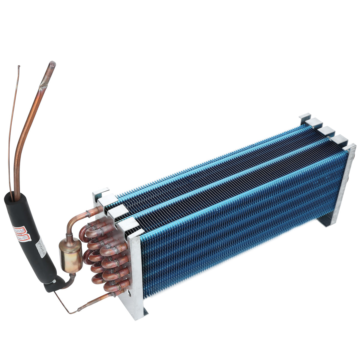 A metal evaporator coil for Empura Refrigeration features blue aluminum fins, copper tubing, a cylindrical black filter, and a brass valve. Coiled tubes and two copper pipes extend outward, all mounted on sturdy rectangular supports. Ideal Empura Parts replacement.