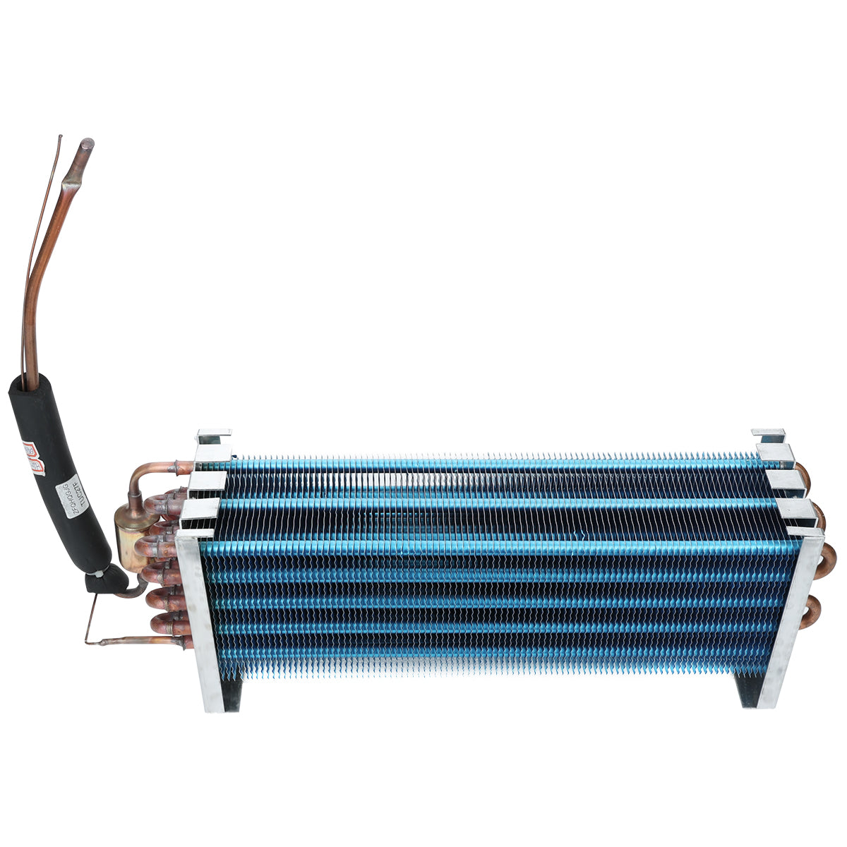 Rectangular metal evaporator coil with blue horizontal fins and copper pipes, featuring an attached black cylindrical component on the left. Supported by metal brackets, this Empura Refrigeration part is designed for cooling or refrigeration applications.