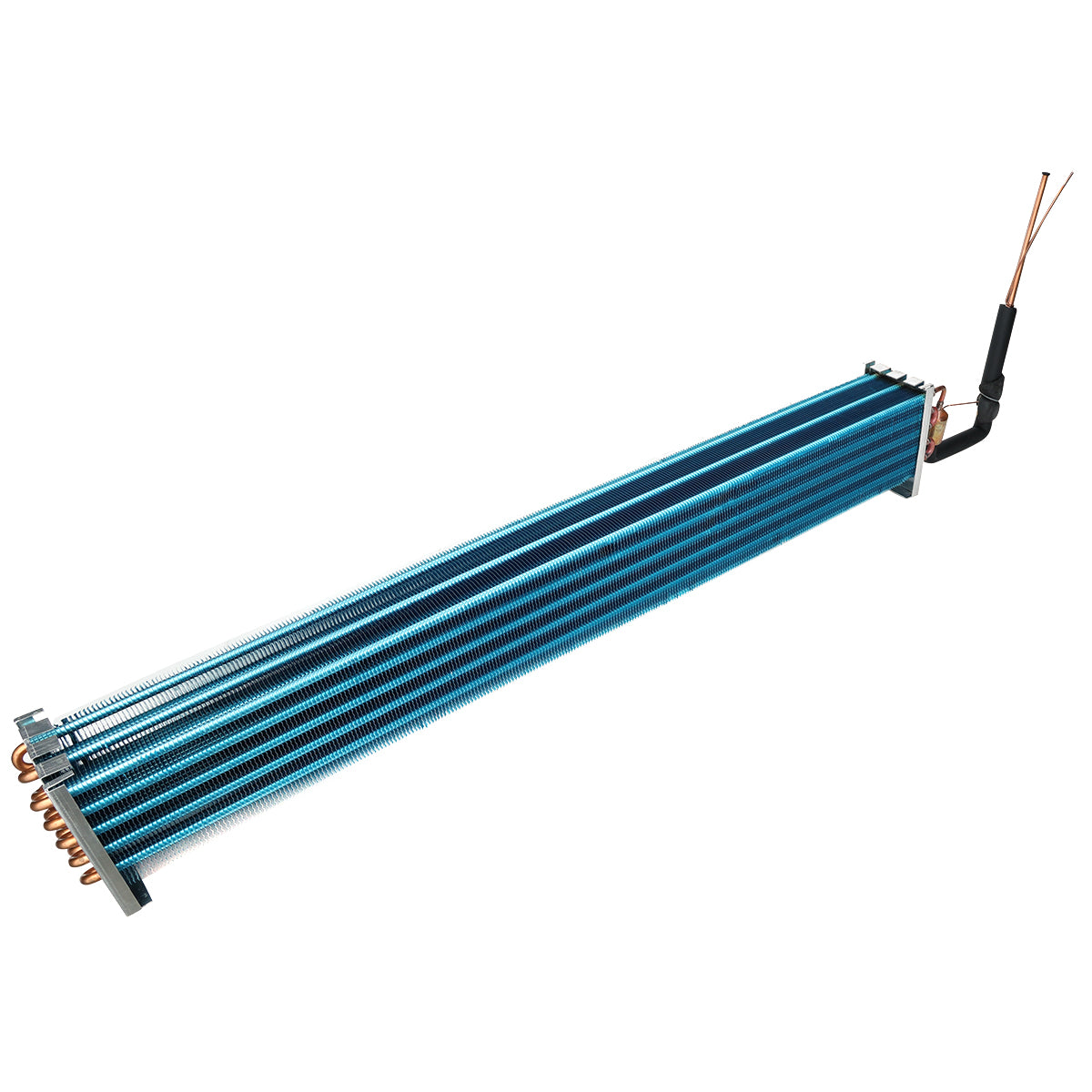 A blue metallic finned evaporator coil for Empura Refrigeration, featuring copper tubes and wiring at one end. The rectangular Empura Parts unit has parallel blue fins and tubing extending from the top right corner for refrigerant flow.