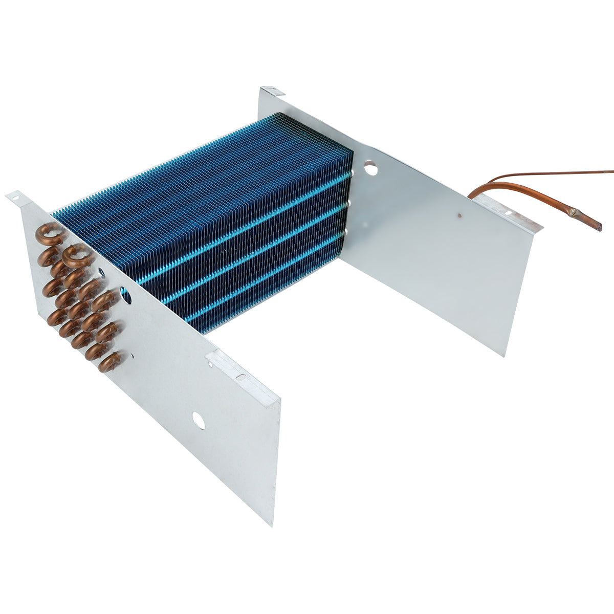 A rectangular Empura Refrigeration evaporator coil with blue fins and copper pipes is mounted between two silver metallic plates. Thin copper wires extend from one side, making this assembly ideal for cooling or heating in HVAC systems.