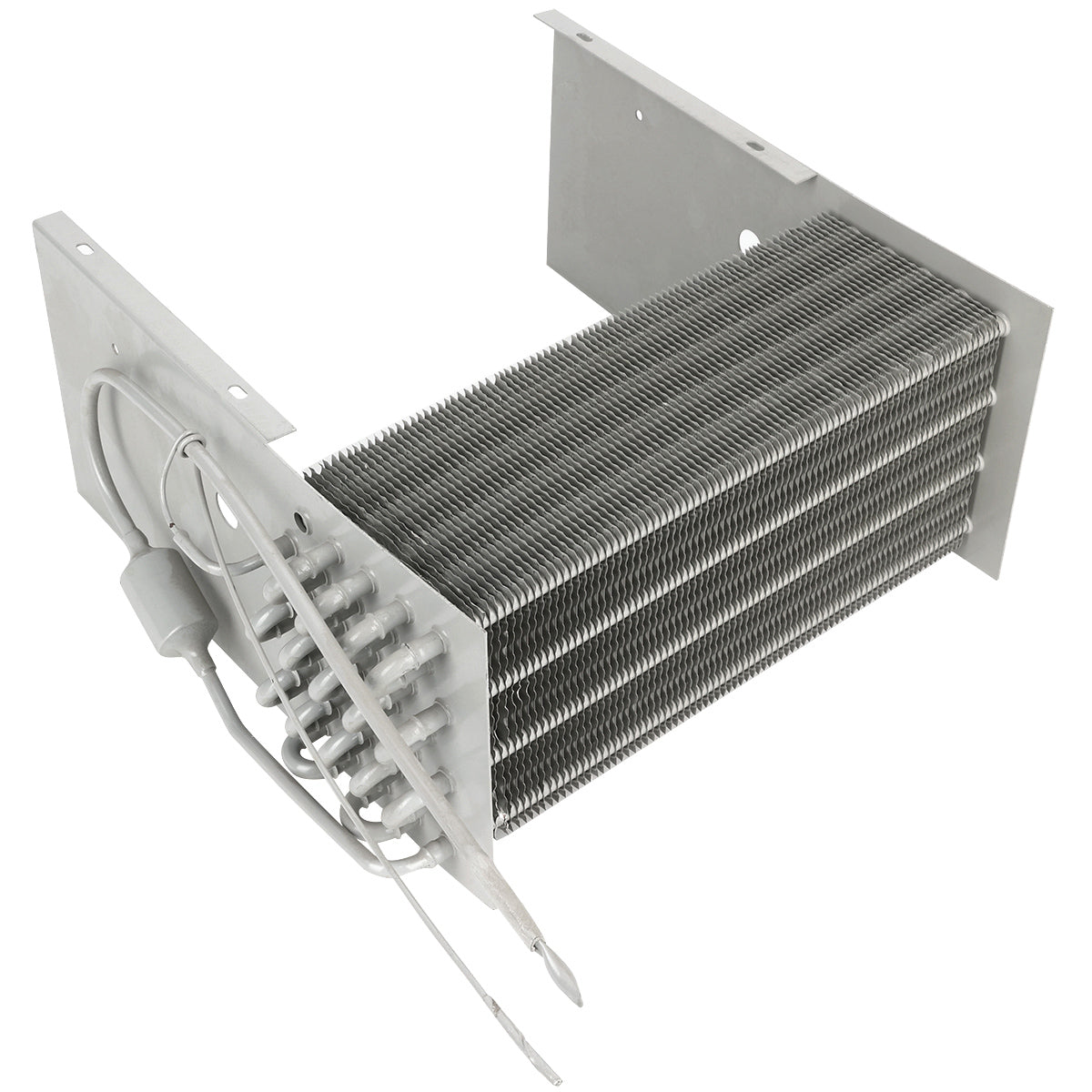 A metallic Empura Refrigeration evaporator coil with tightly packed horizontal fins and tubes. Attached wires and a cylindrical component are visible on one end, all mounted on angled support plates. The surface appears clean and reflective.