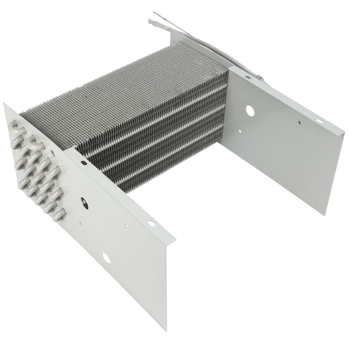 A close-up of an Empura Refrigeration evaporator coil with multiple thin, parallel fins. Two white mounting plates are attached on opposite sides, each with circular holes for installation. Several small pipes and a cable extend from the back.
