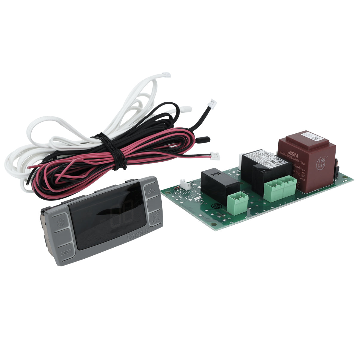 An electronic control kit from Empura Parts, model 5114000477P, featuring a digital display panel, coiled white and pink wire, and a green PCB with relays and connectors—all set against a white background.