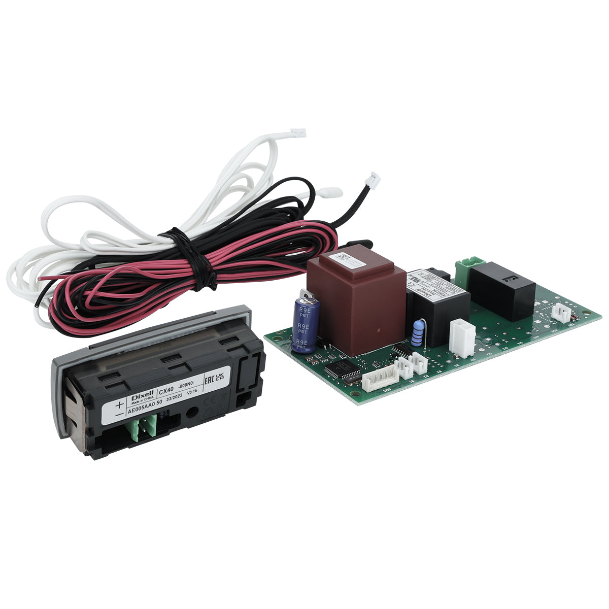 A circuit board with various electronic components, an Empura Parts 5114000477P bundled black, white, and red wire harness, and a rectangular black control panel with labeled ports and connectors, all placed on a white background.