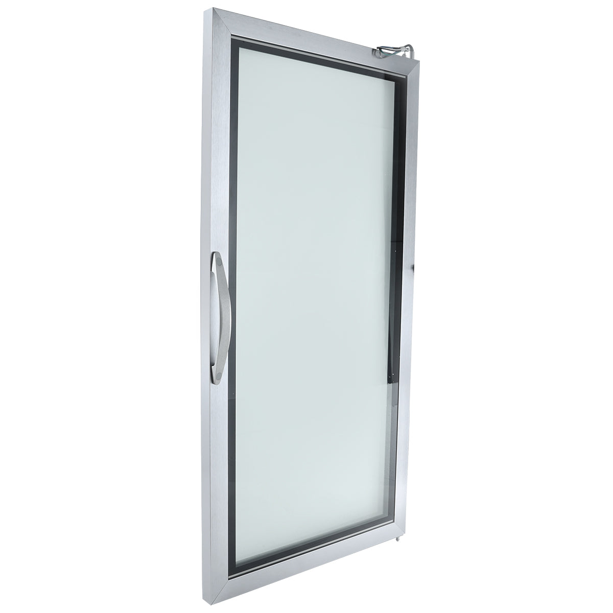 A silver-framed rectangular tilt-and-turn window, similar to those in Empura Refrigeration, is open inward at an angle from the top. The window has clear glass, a black inner trim, and a horizontal silver handle on the left side.