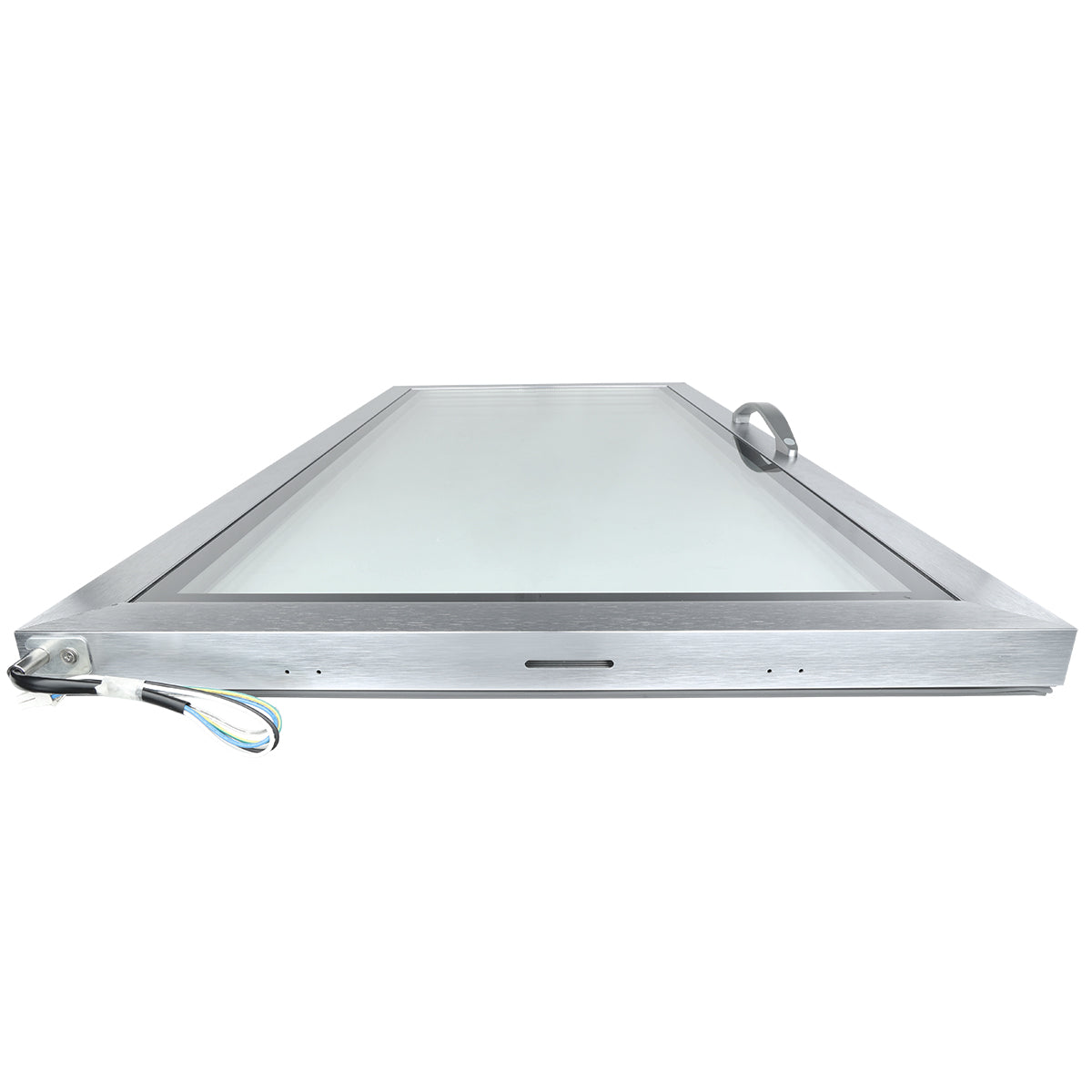 A flat, rectangular metal door (right) with a large glass panel center is shown lying horizontally. Durable and industrial, this Empura Refrigeration part features a silver handle on the right and exposed colored electrical wires on the left corner.