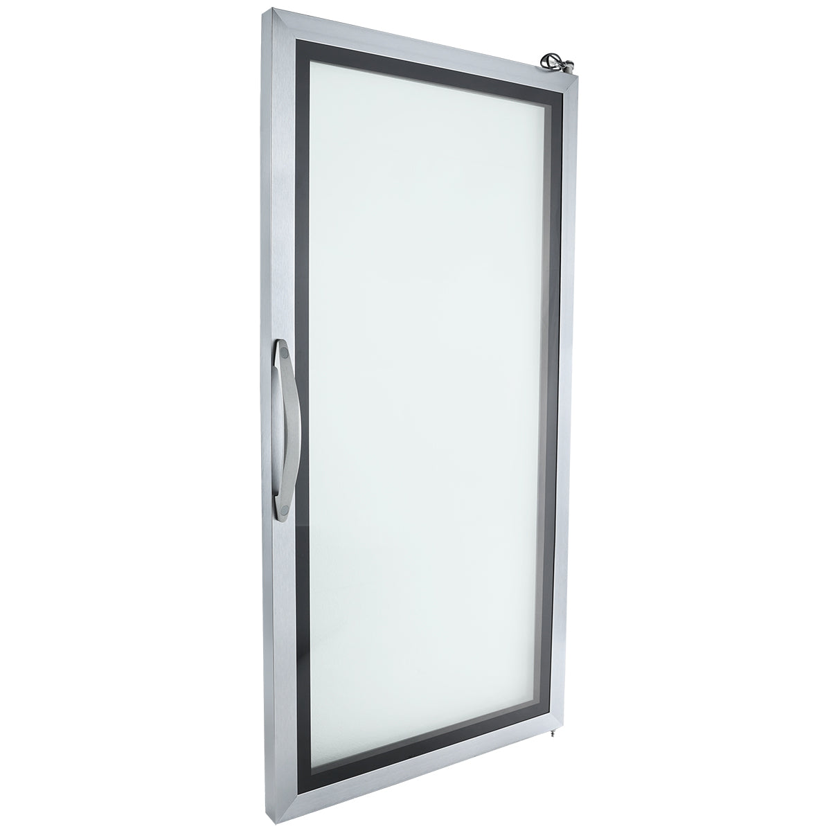 A single glass door with a metallic frame and a large vertical handle on the left side. This modern, minimalistic design from Empura Refrigeration highlights its thickness and structure, photographed at an angle against a white background.