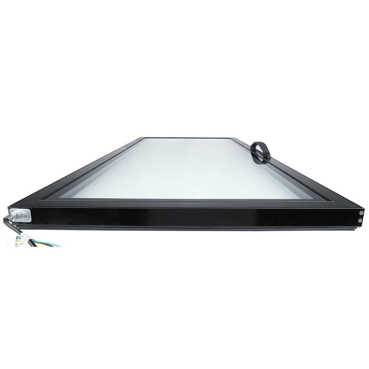 A rectangular black-framed glass panel, likely a Door (Right) from Empura Refrigeration, viewed from its narrow edge. Electrical wires and a connector are visible at the bottom left, and a small black loop is attached to the top right. The surface is reflective and clean.
