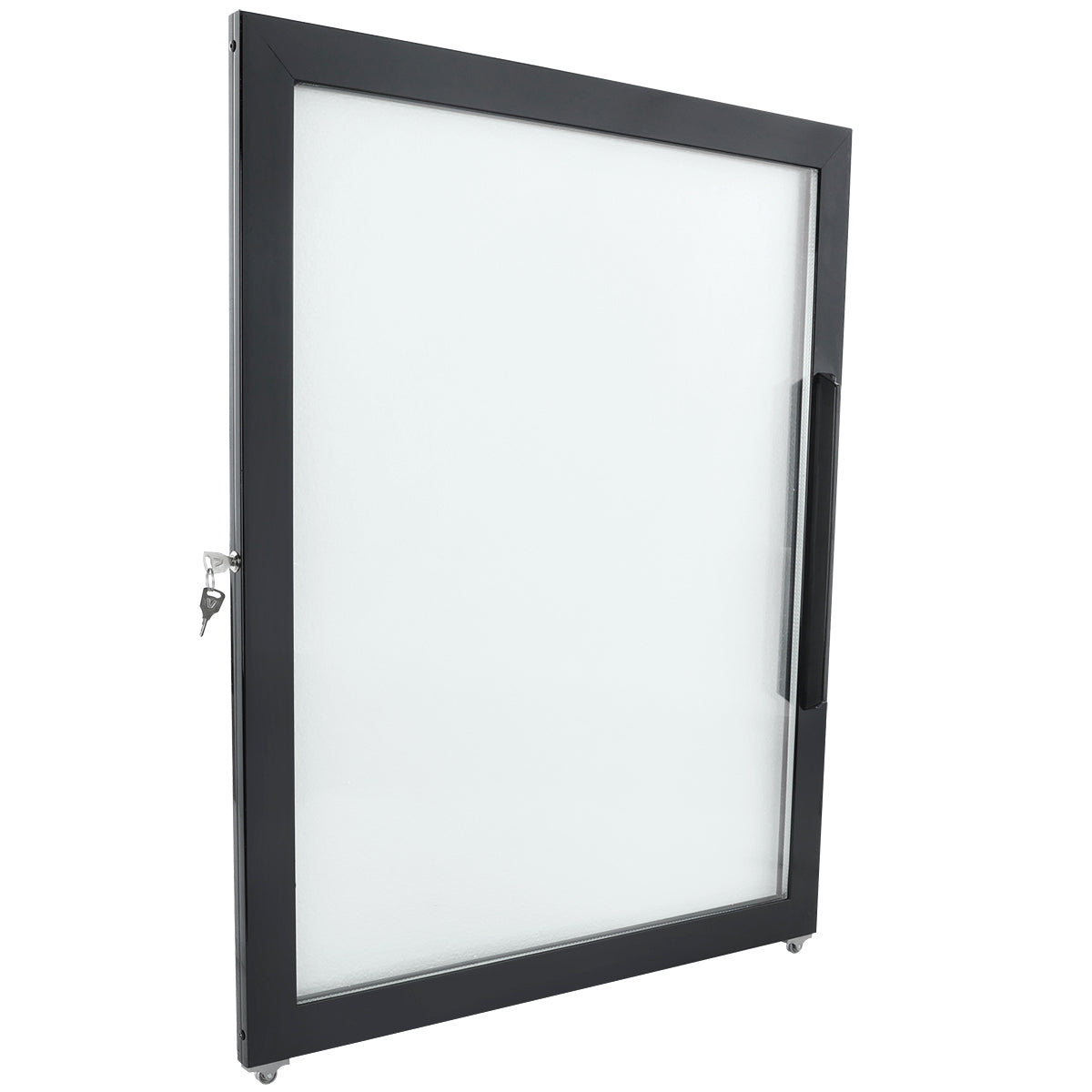 This black, rectangular metal-framed glass display case door from Empura Refrigeration stands upright, featuring a Door Right design with a black handle and lock with key. The clear glass panel is unadorned for full visibility.