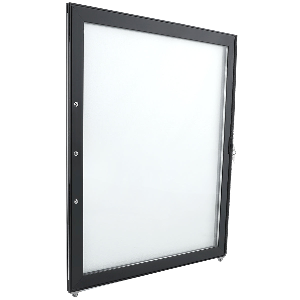 A black, rectangular Empura Parts display case with a glass front is shown from an angle. The Door Right side features a key lock, and three mounting holes line the left edge for securely wall-hanging notices or items.