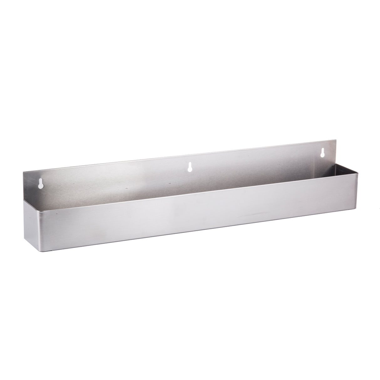 A 32 inch rectangular stainless steel Speed Rail wall-mounted storage bin with three screw holes along the top back edge for mounting. The smooth, metallic surface and open top are ideal for organizing or holding items against a plain white background.