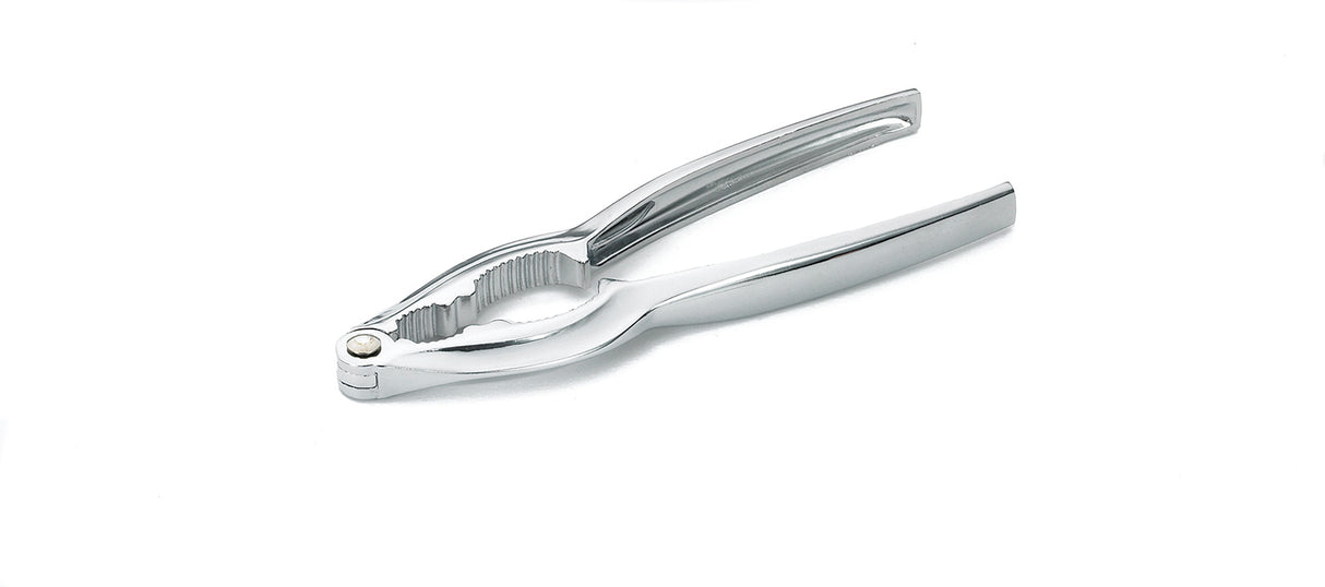 A shiny, chrome plated nutcracker with double jaw ridged jaws and two curved handles lies closed on a white background, positioned diagonally with the hinge on the left and handles extending to the right.