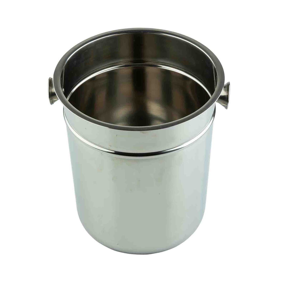 A shiny, stainless steel Wine/Champagne Bucket with a smooth surface, round shape, and two small side handles. The bucket is empty, dishwasher safe, and has a reflective exterior, photographed on a plain white background.