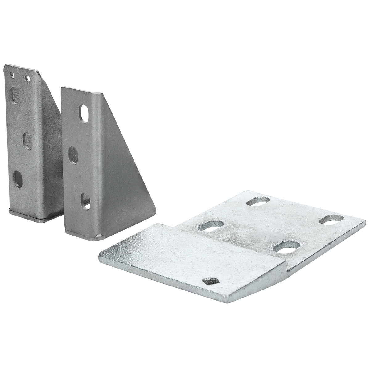 Two metal right-angle brackets are shown. One set is upright, displaying its faces with holes for mounting. The other lies flat, revealing four holes for screws or bolts. These sturdy Empura Parts brackets suit industrial or Empura Refrigeration needs.