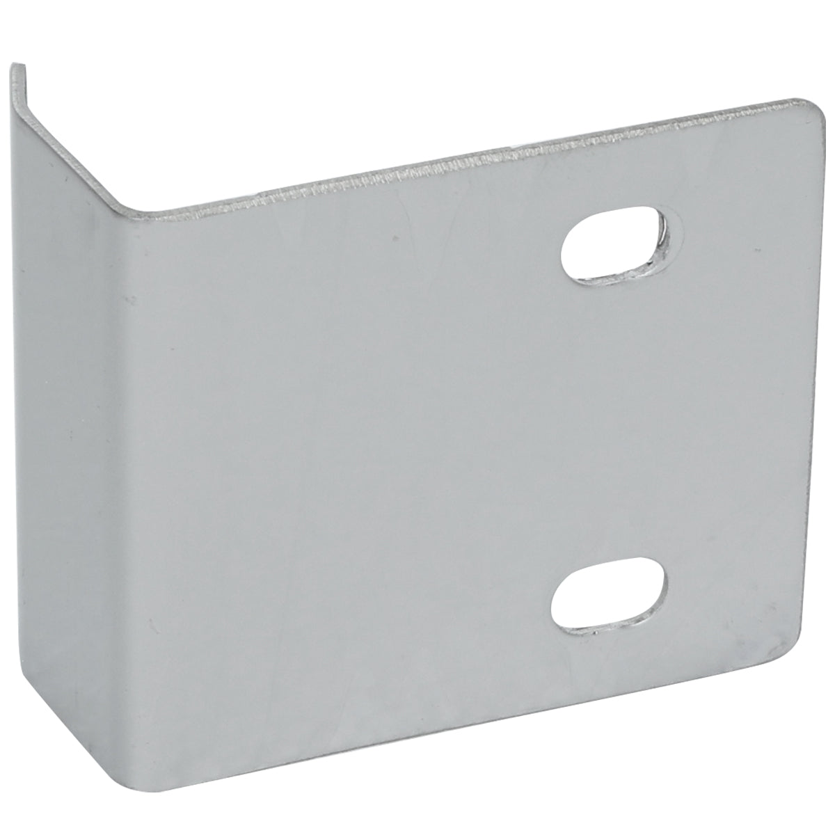 A silver metal cutting board hinge bracket with a right-angle bend, two rounded rectangular holes on one side, and a smooth, reflective surface. Designed for Empura Refrigeration sandwich prep tables. Positioned upright against a plain white background.