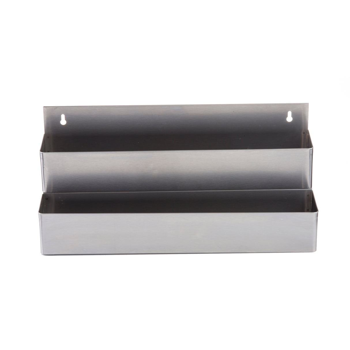 A wall-mounted, stainless steel organizer with two horizontal compartments. Each compartment is rectangular and open at the top. The organizer features two keyhole slots at the back for hanging on screws or hooks. The surface is smooth and reflective.
