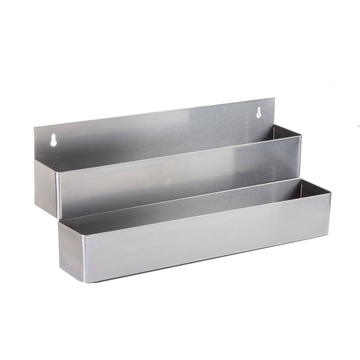 A photo of a wall-mounted, rectangular, two-tier stainless steel storage organizer with two open compartments, designed for holding items. The back panel has two keyhole slots for easy mounting. The smooth surface is durable and dishwasher safe.