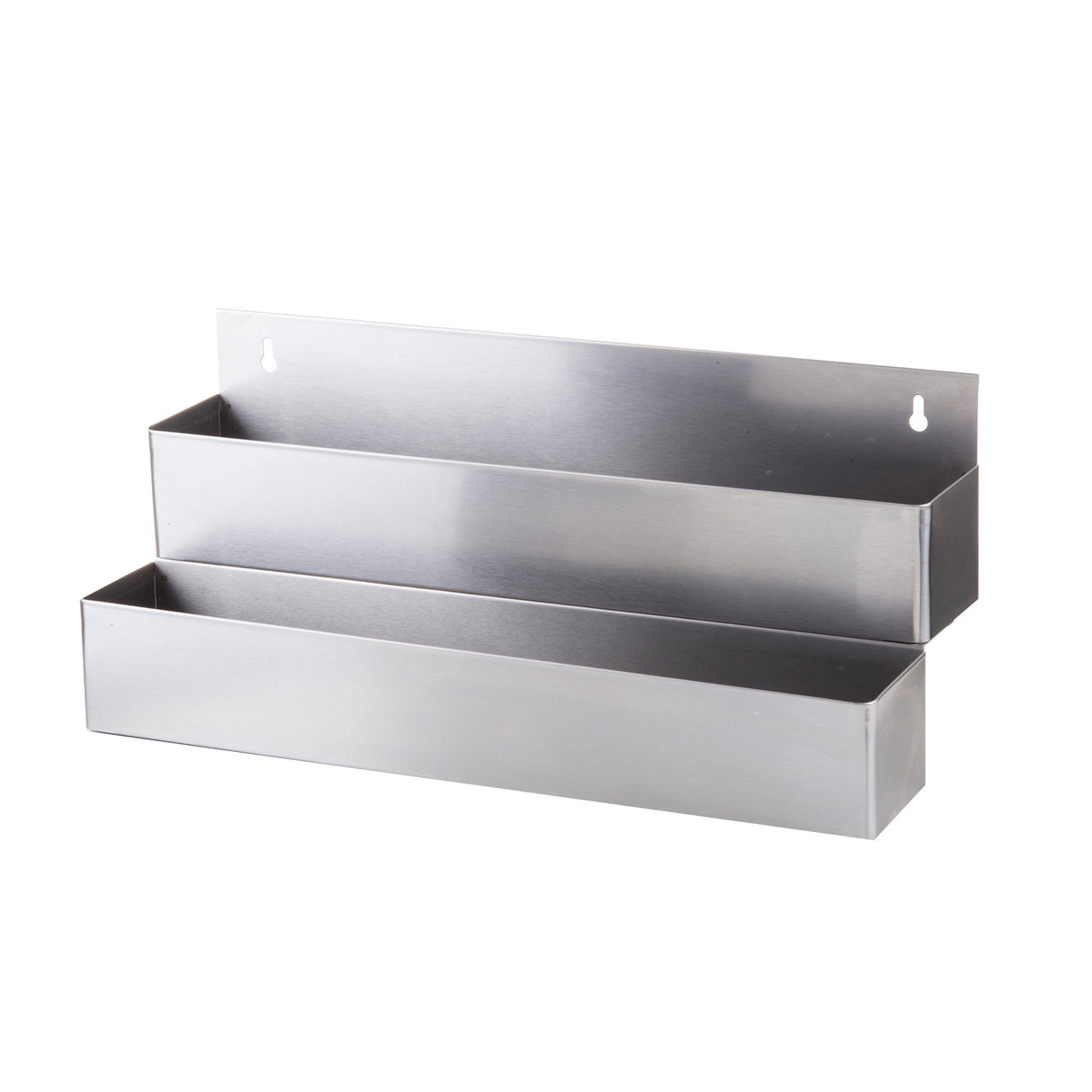A wall-mounted stainless steel organizer with two rectangular compartments, one above the other. The sleek, modern design features a brushed metal finish and is dishwasher safe for easy cleaning. Back panel includes two holes for secure mounting.