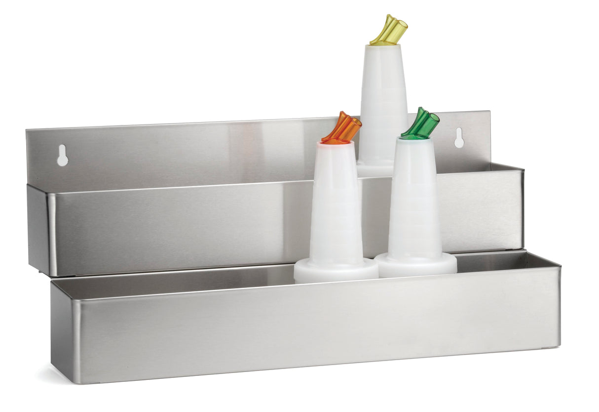 A stainless steel wall-mounted holder with two tiers contains three white plastic, dishwasher safe liquor pour spouts, each with a colored cap: yellow, orange, and green. The holder has pre-drilled holes and a minimalist, commercial kitchen design.