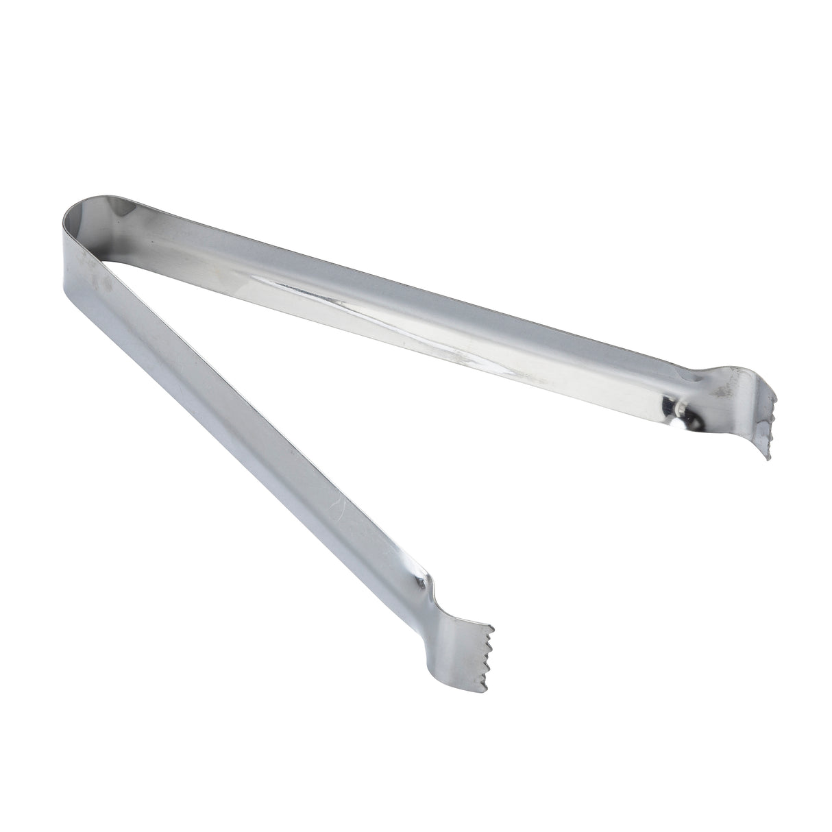 A pair of stainless steel Pom Tongs with a simple, V-shaped design. Each end features a slightly curved, scalloped gripping edge for securely holding food. The tongs are dishwasher safe and placed on a white background.