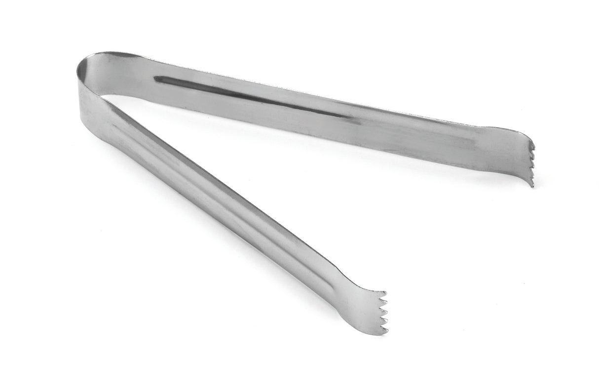A pair of stainless steel Pom Tongs with a simple, flat design. Both ends have small, serrated edges for gripping food. These tongs are slightly open, dishwasher safe, and are positioned on a plain white background.