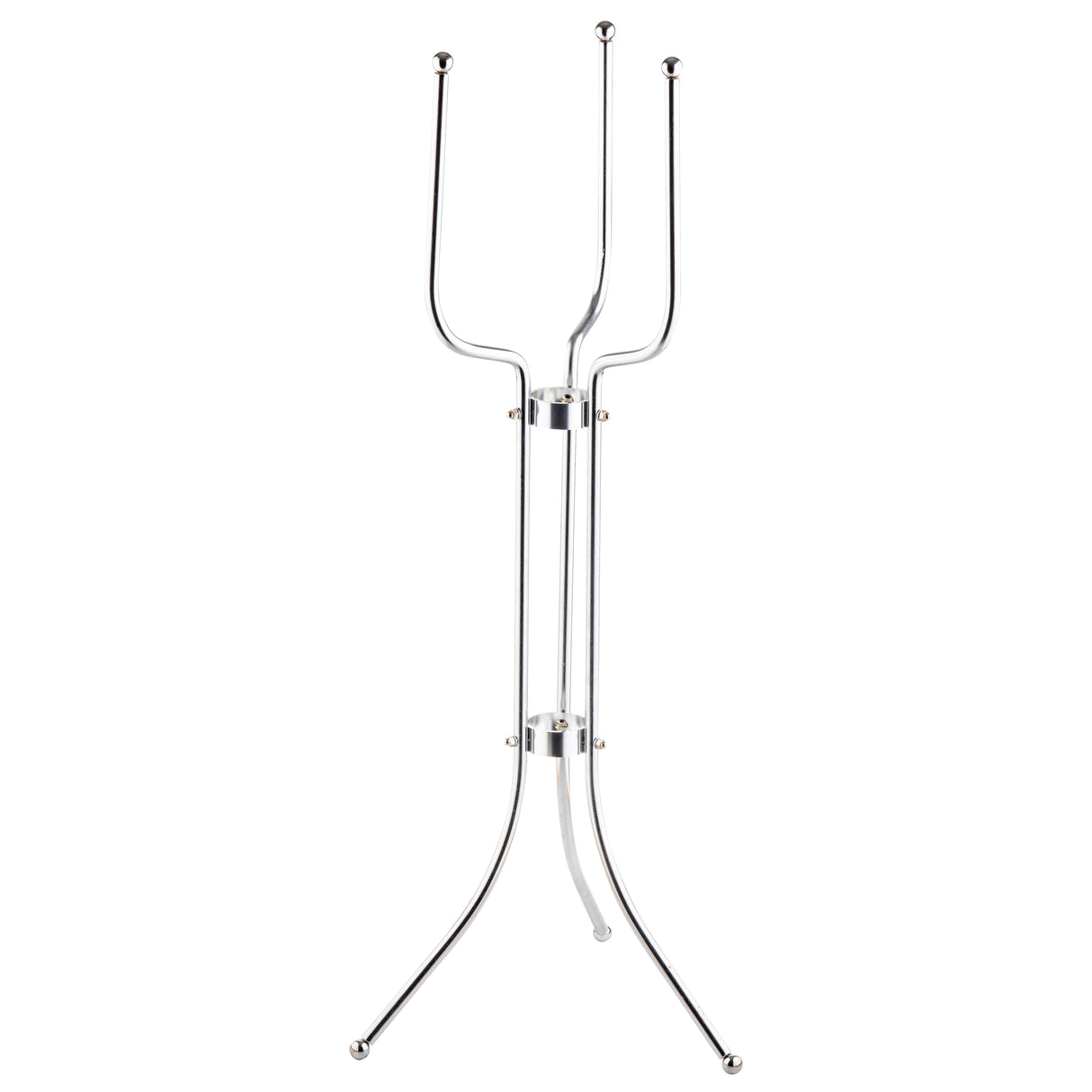 A tall, chrome plated metal stand with a modern design features two curved legs at the bottom and four upward-pointing hooks at the top. Sleek and minimalistic, this TableCraft piece is ideal for hanging coats or hats. The background is white.