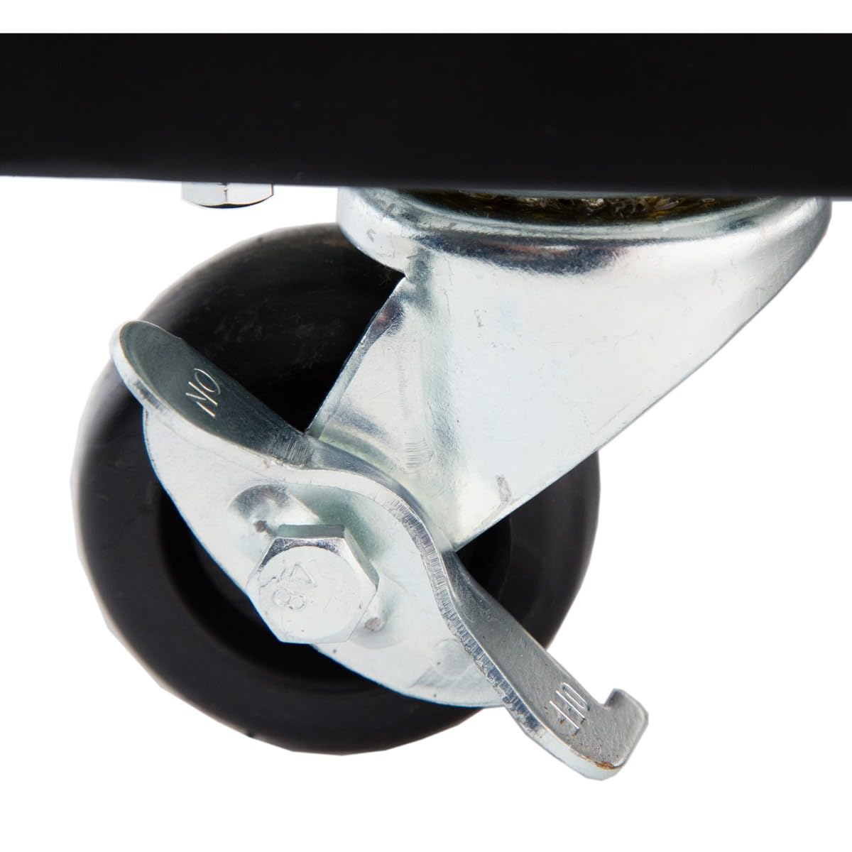 Close-up of a swivel caster wheel with a black rubber wheel, attached to a shiny metal bracket, likely from an Empura ESM-50B commercial refrigerator. The bracket features a metal lever for locking, and the background is plain and out of focus.