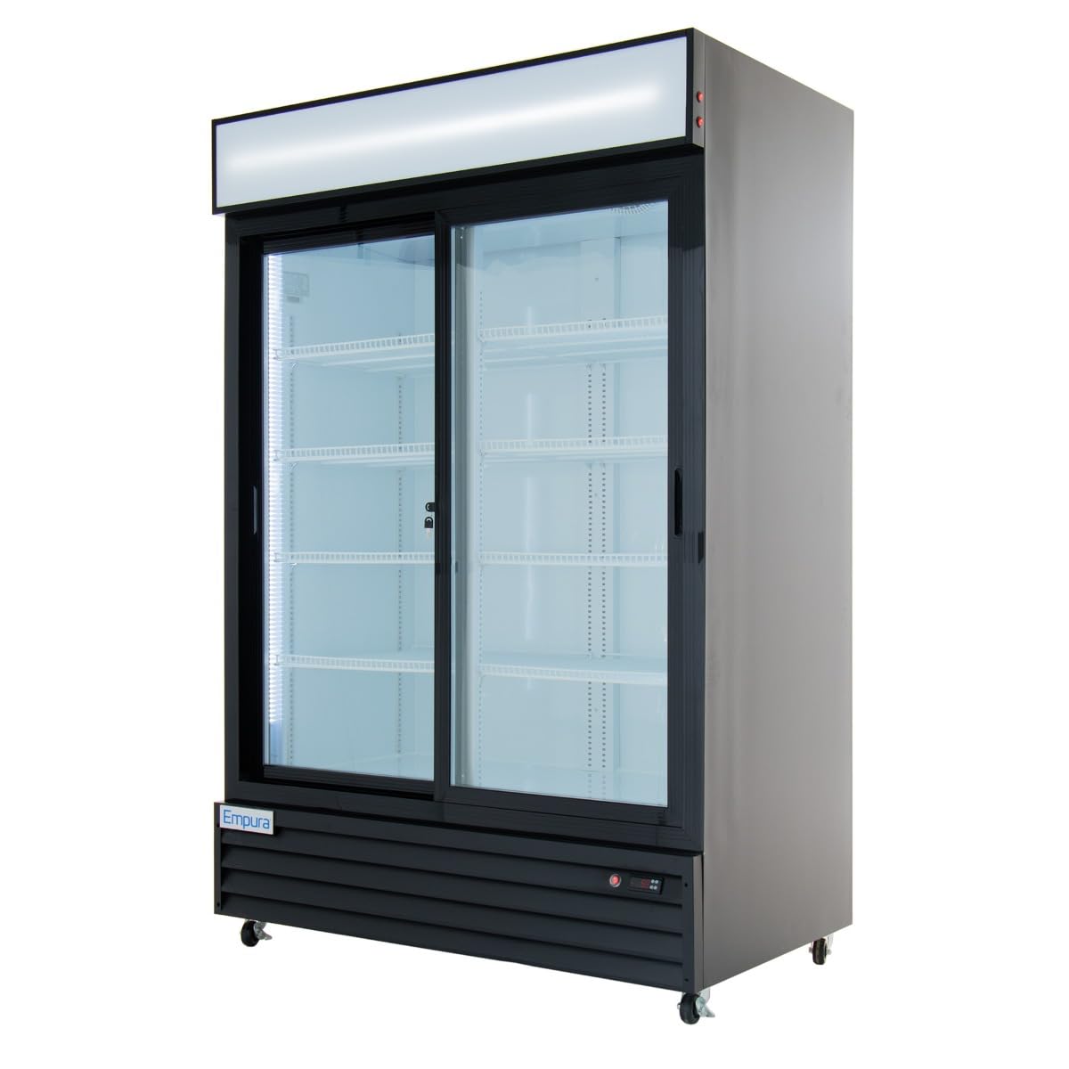 A refrigerated merchandiser with a black frame, glass double sliding doors, and white shelves. The Empura ESM-50B stands on small wheels, featuring a blank illuminated sign panel on top and the Empura logo at the bottom.
