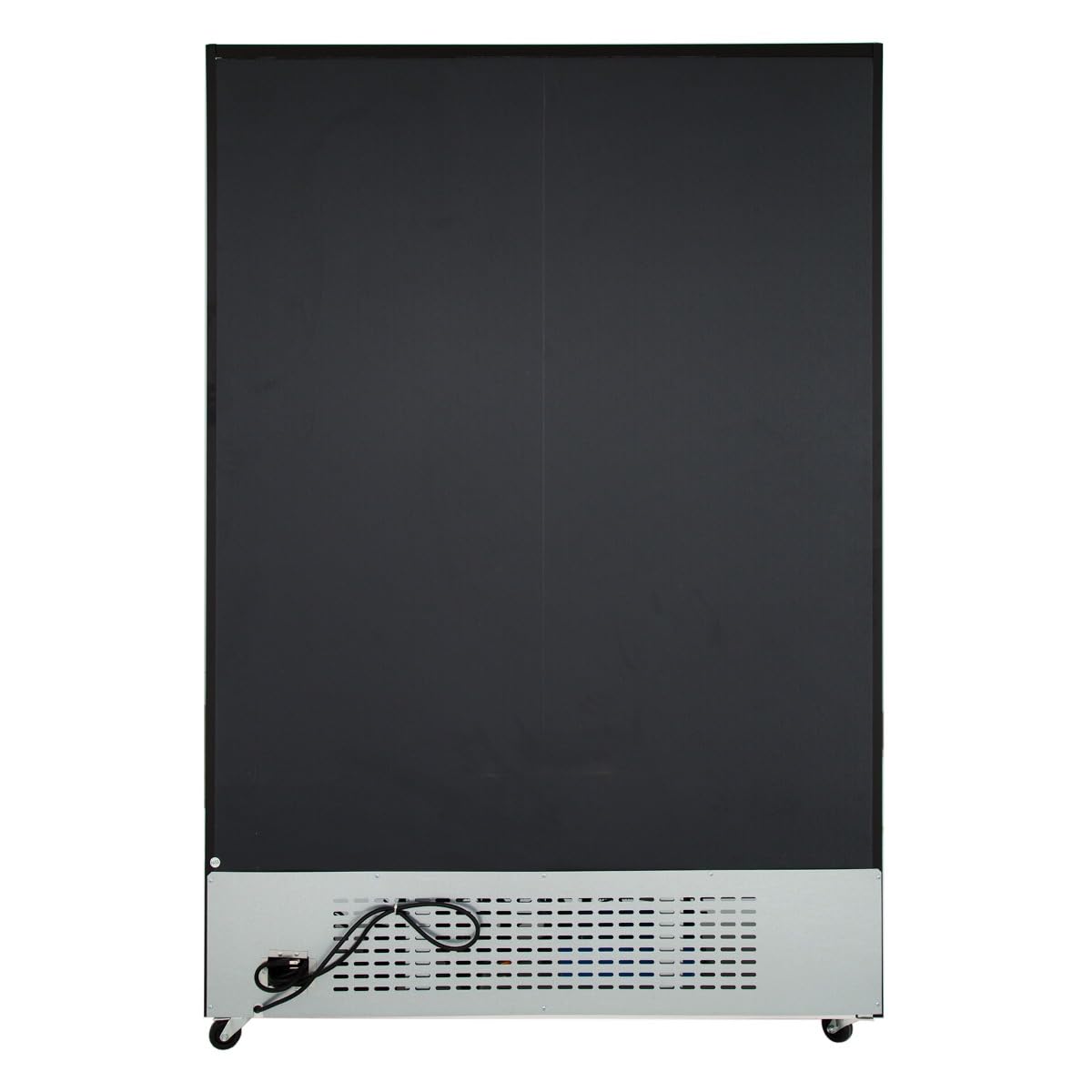A large black commercial refrigerator is shown from the back. The bottom features a gray vented panel, coiled black power cord, and compressor. Small black caster wheels at the corners offer mobility.