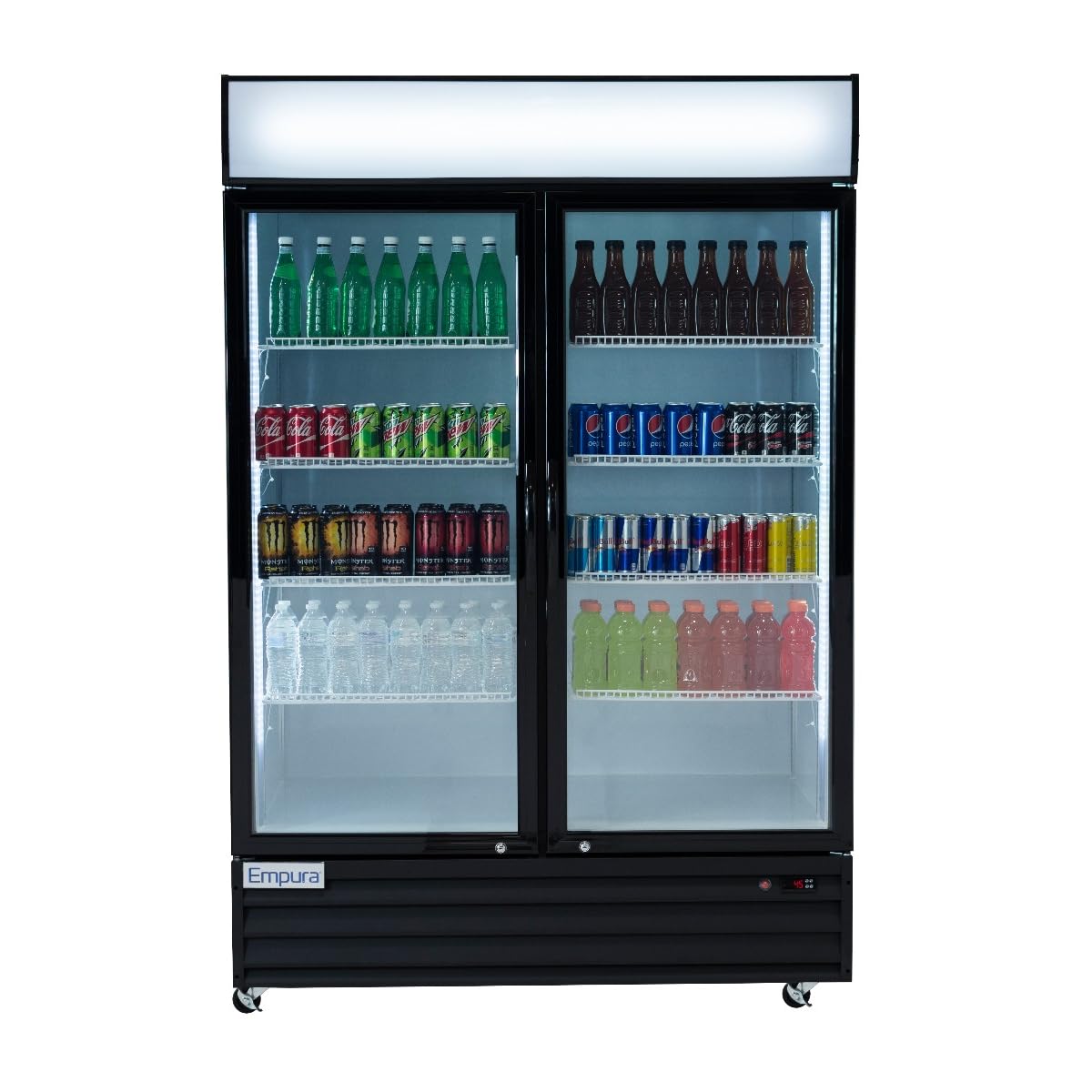 A commercial refrigerated merchandiser, the Empura EGM-50B displays assorted drinks in a temperature-controlled display. Rows of green bottles, cans, brown and clear bottles line the shelves above colorful juices and water in this well-lit fridge on wheels.