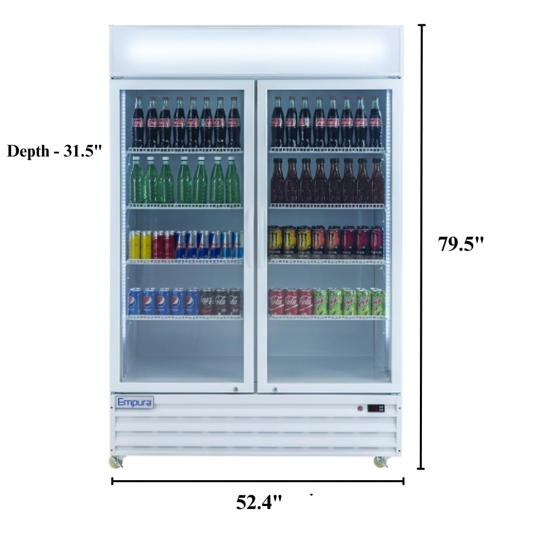 A commercial glass door merchandiser with drinks on shelves. Measuring 79.5 tall, 52.4 wide, and 31.5 deep, this white unit has two sliding doors and is filled with soda and bottled drinks in various colors for foodservice refrigeration needs.