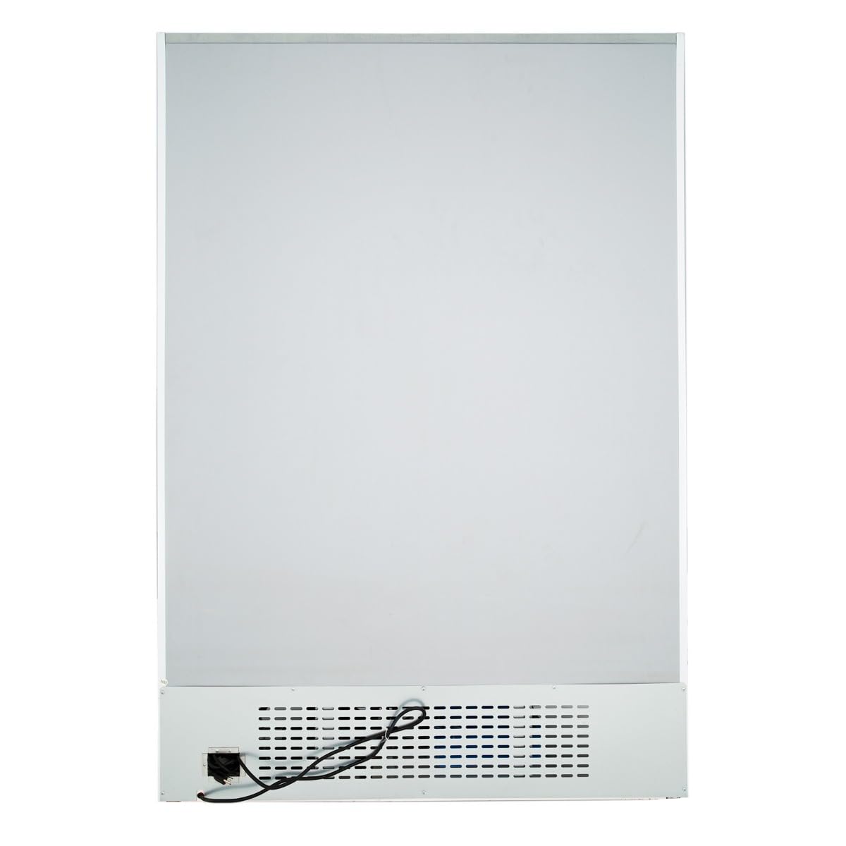 A large, upright commercial refrigerated merchandiser with a plain white front and a ventilation grille at the bottom. An electrical cord sits loosely in front, accentuating its minimal, industrial design ideal for foodservice refrigeration.