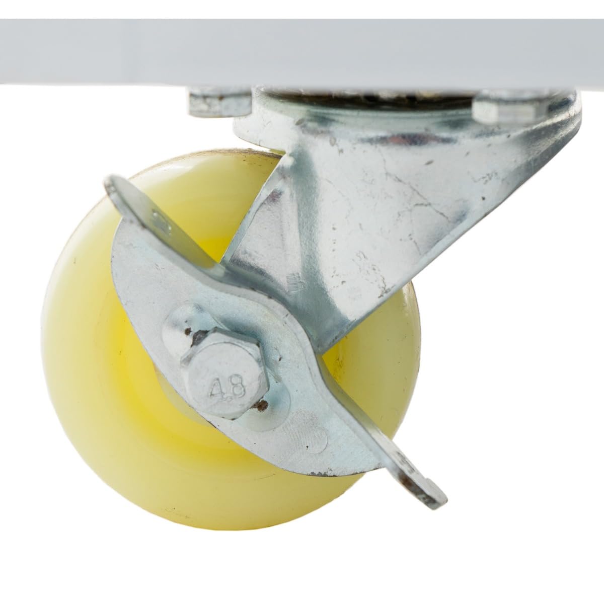 Close-up of a yellow caster wheel attached to a commercial refrigerated merchandiser. The slightly scratched metal bracket is fastened with a bolt marked “48,” highlighting durability for foodservice refrigeration use.