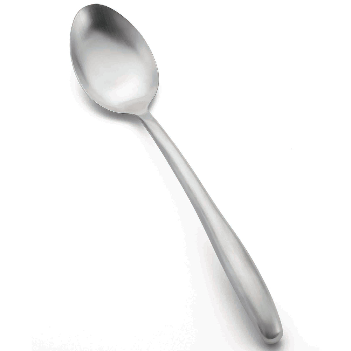 A shiny Dalton Collection stainless steel serving spoon with a rounded bowl and smooth, slightly curved handle is shown on a white background. Dishwasher safe, it’s positioned diagonally with the bowl at the top left and handle extending down right.