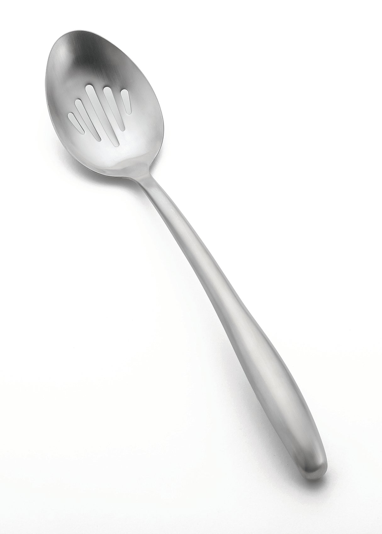 A stainless steel buffet spoon with a slightly rounded handle. This slotted buffet spoon features several narrow slots in the bowl for draining liquids from food. It is placed on a plain white background.