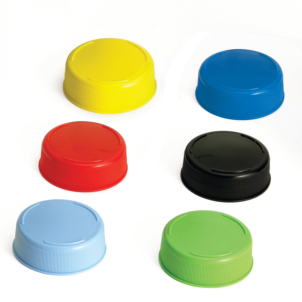 Six circular squeeze bottle caps in yellow, blue, red, black, light blue, and green are arranged on a white background. Each NSF-listed cap features ridged edges and is evenly spaced in two neat rows of three.