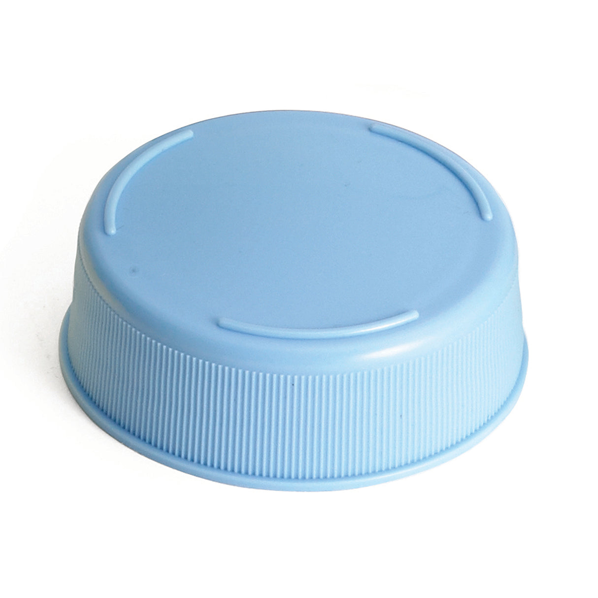 A light blue plastic screw-on bottle cap, dishwasher safe, lying flat on a white background. The cap has a smooth top surface with three raised ridges and vertical grooves around the side for grip.