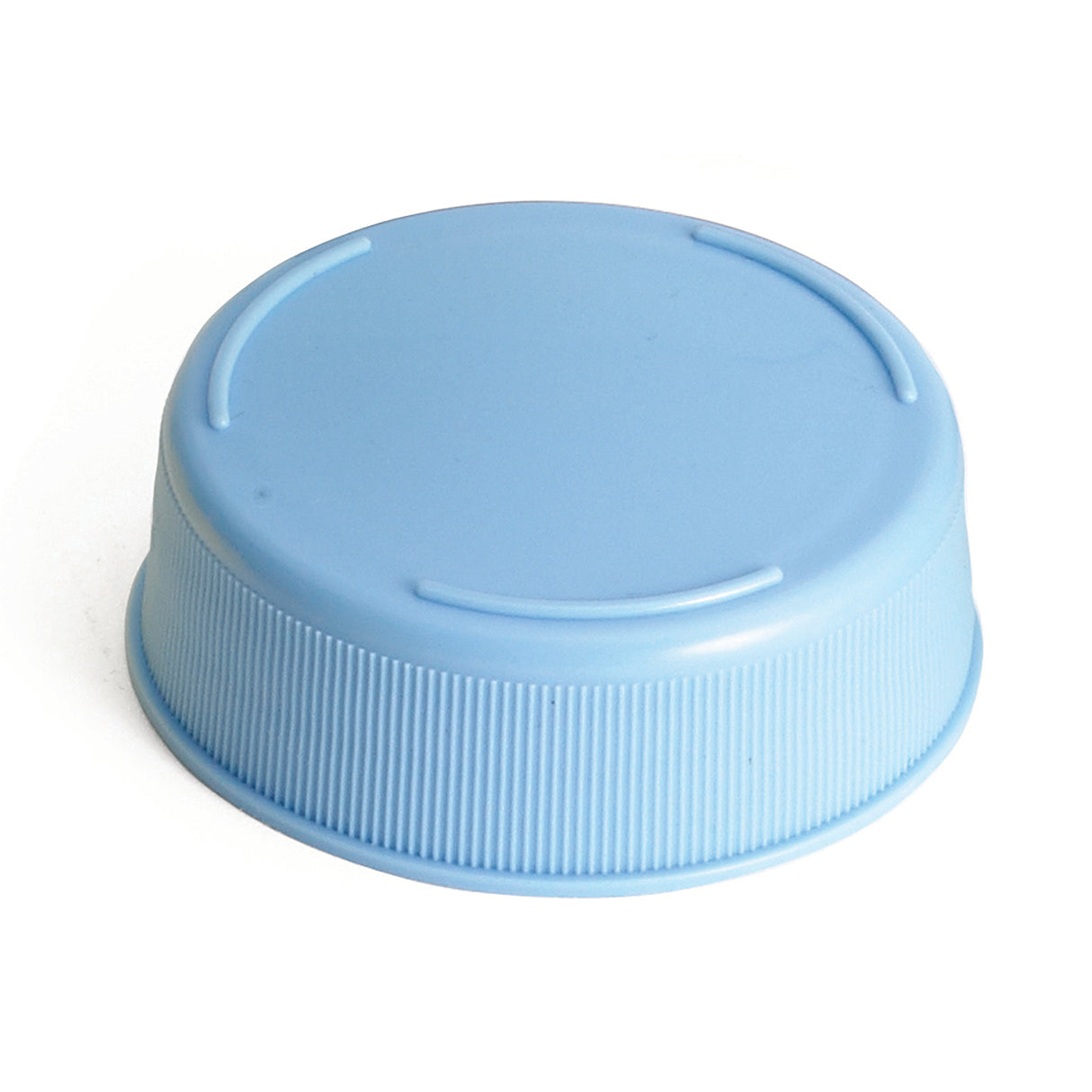 A light blue Invertatop End Cap lies on its side against a white background. The cap, designed for 53mm squeeze bottles, has a ribbed texture for grip and three short, curved embossed lines on the flat top surface.