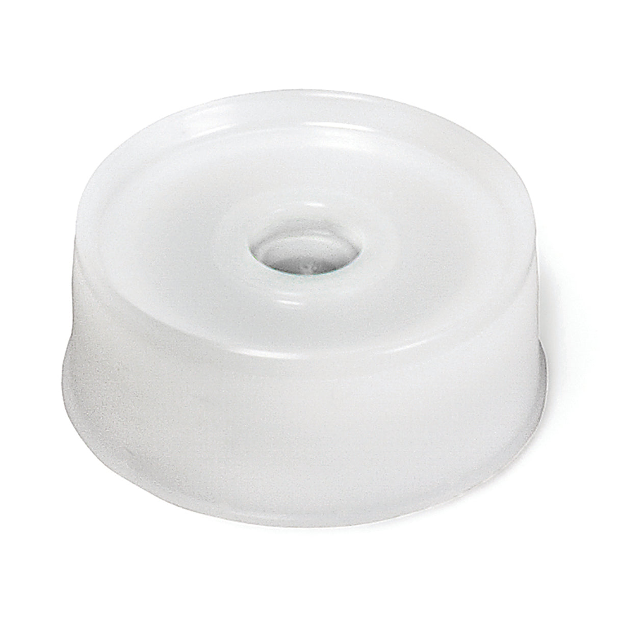 A translucent, round plastic cap with a wide base and a small central hole on top, often found on InvertaTop squeeze bottles. This valve & top assembly features smooth edges and a slightly raised, flat top surface for secure, protective closure.