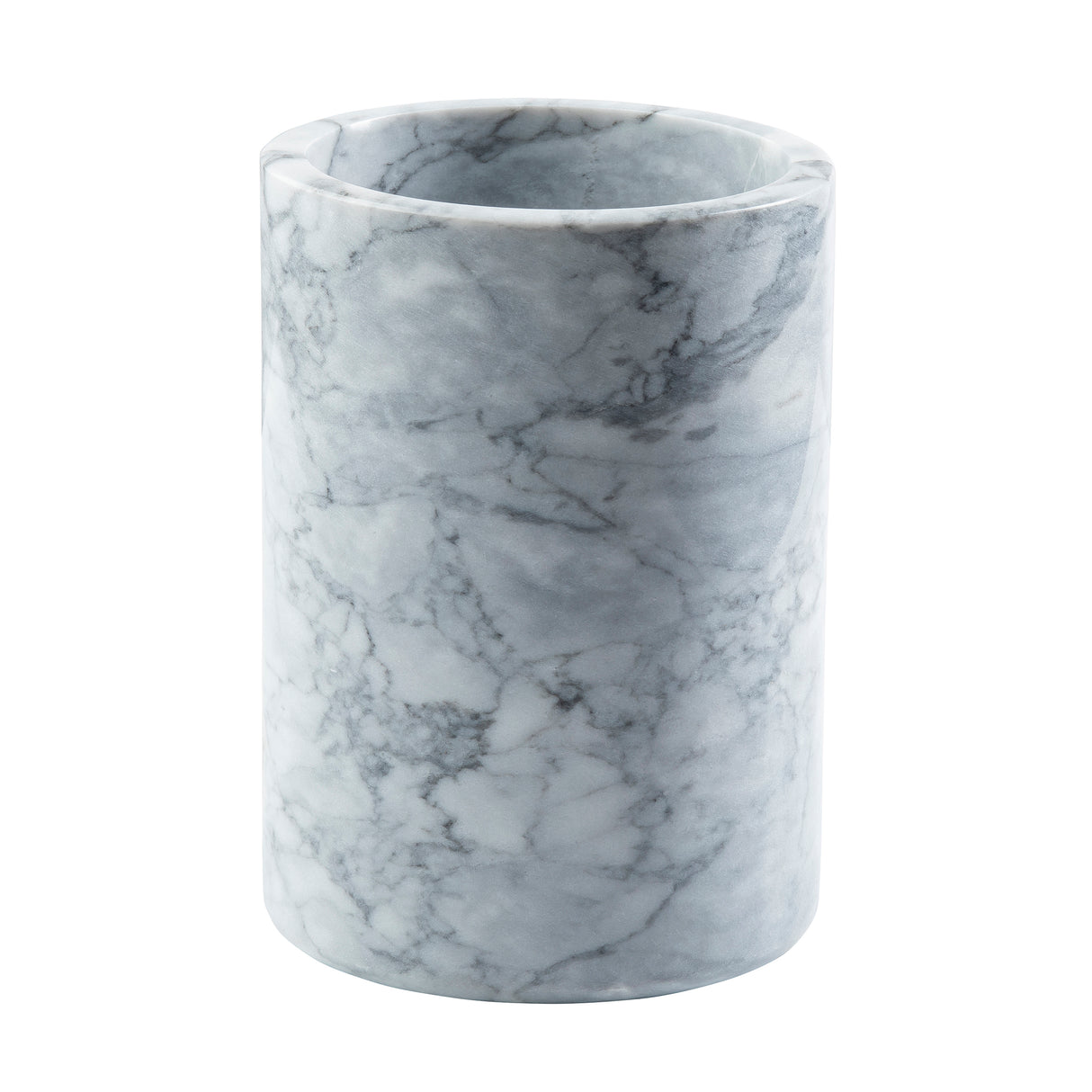A cylindrical TableCraft container crafted from smooth, polished white marble with natural veining patterns. Featuring a wide, open top, this elegant piece doubles as a stylish wine cooler against a plain white background.
