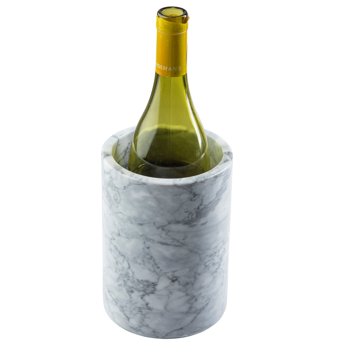 A green wine bottle with a yellow cap sits inside a tall, cylindrical TableCraft white marble wine cooler with gray veining, set against a plain white background.
